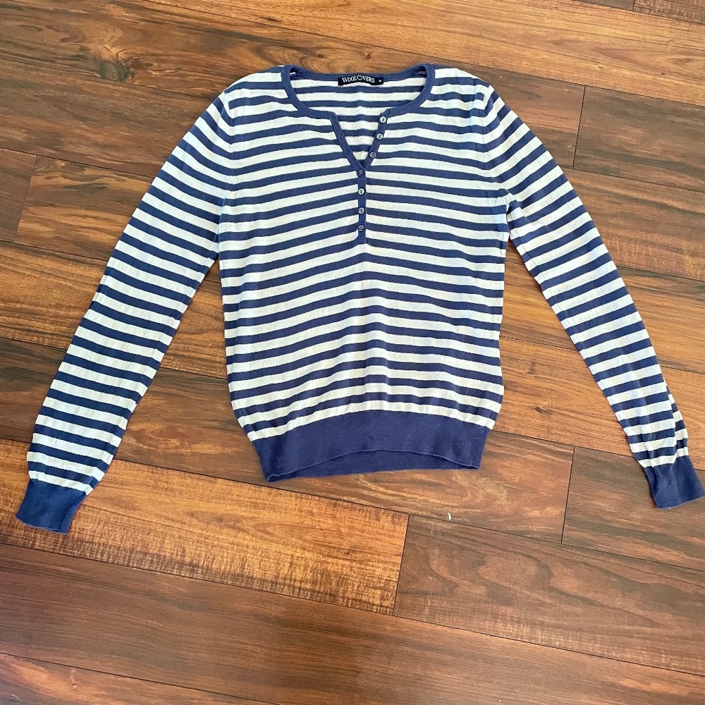 WOOLOVERS Silk Cotton Henley Sweater Blue White Stripe XS British